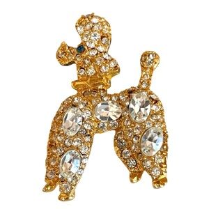 Vintage Mid-Century Gold Plated Poodle Brooch With Clear Rhinestones